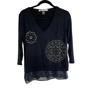 Desigual Black & Silver Studded Mandala 3/4 Sleeve Shirt Women's Size Medium
